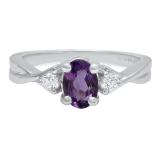 10K White Gold 7X5 MM Oval Amethyst & Round White Diamond Ladies Engagement 3 Stone Ring