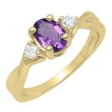 10K Yellow Gold 7X5 MM Oval Amethyst & Round White Diamond Ladies Engagement 3 Stone Ring