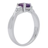 14K White Gold 7X5 MM Oval Amethyst & Round White Diamond Ladies Engagement 3 Stone Ring