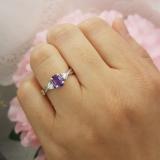14K White Gold 7X5 MM Oval Amethyst & Round White Diamond Ladies Engagement 3 Stone Ring