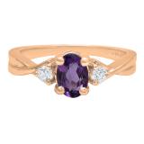 18K Rose Gold 7X5 MM Oval Amethyst & Round White Diamond Ladies Engagement 3 Stone Ring