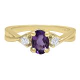 18K Yellow Gold 7X5 MM Oval Amethyst & Round White Diamond Ladies Engagement 3 Stone Ring