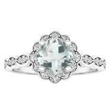 10K White Gold 5.5 MM Cushion Aquamarine & Round Diamond Ladies Halo Engagement Ring