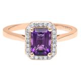10K Rose Gold 7X5 MM Emerald Amethyst And Round Diamond Ladies Bridal Engagement Ring