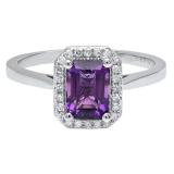 14K White Gold 7X5 MM Emerald Amethyst And Round Diamond Ladies Bridal Engagement Ring