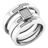 0.15 Carat (ctw) Sterling Silver Round Diamond Men's & Women's Engagement Ring Trio Set