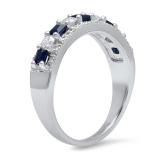 10K White Gold Princess Blue Sapphire & Round White Diamond Ladies Anniversary Wedding Band