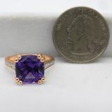 10K Rose Gold 10 MM Cushion Amethyst And Round White Diamond Bridal Engagement Ring