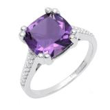 10K White Gold 10 MM Cushion Amethyst And Round White Diamond Bridal Engagement Ring