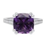 10K White Gold 10 MM Cushion Amethyst And Round White Diamond Bridal Engagement Ring