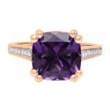 14K Rose Gold 10 MM Cushion Amethyst And Round White Diamond Bridal Engagement Ring