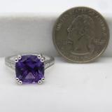 14K White Gold 10 MM Cushion Amethyst And Round White Diamond Bridal Engagement Ring