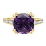 14K Yellow Gold 10 MM Cushion Amethyst And Round White Diamond Bridal Engagement Ring