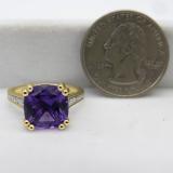 14K Yellow Gold 10 MM Cushion Amethyst And Round White Diamond Bridal Engagement Ring