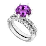 10K White Gold 8.5 MM Round Amethyst & Diamond Ladies Vintage Engagement Ring Set