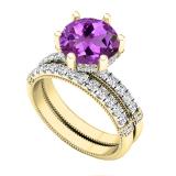 10K Yellow Gold 8.5 MM Round Amethyst & Diamond Ladies Vintage Engagement Ring Set