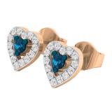 0.25 Carat (ctw) 14K Rose Gold Blue & White Diamond Ladies Heart Shape Stud Earrings 1/4 CT