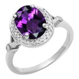 18K White Gold 9X7 MM Oval Amethyst & Round Diamond Bridal Engagement Ring
