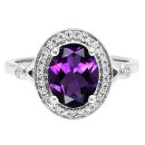 18K White Gold 9X7 MM Oval Amethyst & Round Diamond Bridal Engagement Ring