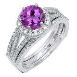 10K White Gold 6.5 MM Round Amethyst & White Diamond Bridal Engagement Ring Set