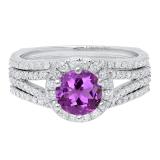 10K White Gold 6.5 MM Round Amethyst & White Diamond Bridal Engagement Ring Set