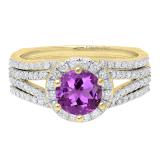 14K Yellow Gold 6.5 MM Round Amethyst & White Diamond Bridal Engagement Ring Set