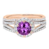 18K Rose Gold 6.5 MM Round Amethyst & White Diamond Bridal Engagement Ring Set
