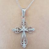 0.10 Carat (ctw) 10K White Gold Round White Diamond Ladies Vintage Style Cross Pendant 1/10 CT