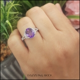 10K White Gold 10X8 MM Oval Amethyst & Round White Diamond Ladies Split Shank Halo Engagement Ring