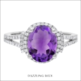 10K White Gold 10X8 MM Oval Amethyst & Round White Diamond Ladies Split Shank Halo Engagement Ring