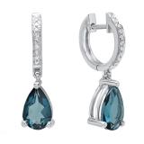 14K White Gold 9X6 MM Each Pear London Blue Topaz & Round Diamond Ladies Dangling Drop Earrings