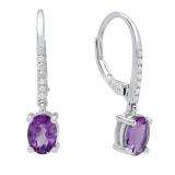 10K White Gold 7X5 MM Each Oval Amethyst & Round White Diamond Ladies Dangling Drop Earrings