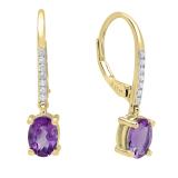 10K Yellow Gold 7X5 MM Each Oval Amethyst & Round White Diamond Ladies Dangling Drop Earrings