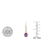 10K Yellow Gold 7X5 MM Each Oval Amethyst & Round White Diamond Ladies Dangling Drop Earrings