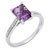 14K White Gold 8X6 MM Emerald Amethyst & Round White Diamond Ladies Bridal Engagement Ring