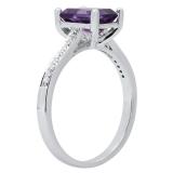 14K White Gold 8X6 MM Emerald Amethyst & Round White Diamond Ladies Bridal Engagement Ring
