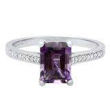 14K White Gold 8X6 MM Emerald Amethyst & Round White Diamond Ladies Bridal Engagement Ring