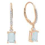 18K Rose Gold 8X6 MM Each Emerald Shape Aquamarine & Round White Diamond Drop Earrings