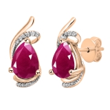 18K Rose Gold 8X6 MM Each Lab Grown Pear Ruby & Round Diamond Ladies Fashion Stud Earrings