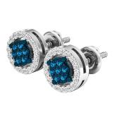 0.28 Carat (ctw) 14K White Gold Round White & Blue Diamond Ladies Cluster Stud Earrings 1/4 CT