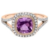 10K Rose Gold 7 MM Cushion Amethyst & Round White Diamond Ladies Bridal Halo Engagement Ring