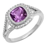 10K White Gold 7 MM Cushion Amethyst & Round White Diamond Ladies Bridal Halo Engagement Ring