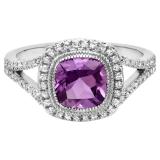 10K White Gold 7 MM Cushion Amethyst & Round White Diamond Ladies Bridal Halo Engagement Ring