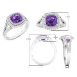 10K White Gold 7 MM Cushion Amethyst & Round White Diamond Ladies Bridal Halo Engagement Ring