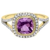 10K Yellow Gold 7 MM Cushion Amethyst & Round White Diamond Ladies Bridal Halo Engagement Ring