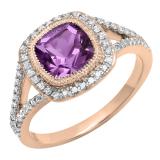 14K Rose Gold 7 MM Cushion Amethyst & Round White Diamond Ladies Bridal Halo Engagement Ring