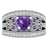 10K White Gold 6 MM Heart & Round Amethyst & Round Cubic Zirconia Ladies Vintage Ring Set