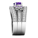 10K White Gold 6 MM Heart & Round Amethyst & Round Cubic Zirconia Ladies Vintage Ring Set