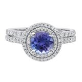 10K White Gold 6.5 MM Round Tanzanite & White Diamond Ladies Halo Bridal Engagement Ring Set