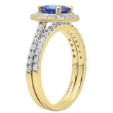 10K Yellow Gold 6.5 MM Round Tanzanite & White Diamond Ladies Halo Bridal Engagement Ring Set